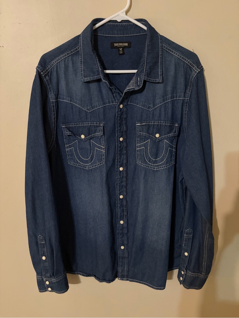 True Religion Men's Blue Denim Snap-Front Western Shirt